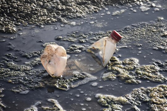 Botella de pl&aacute;stico contaminando el mar
