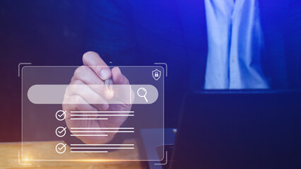 Businessman touching data search box information technology Search Engine Optimization, uses a...