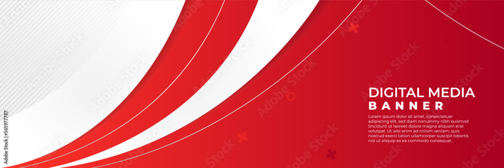 Poster abstract banner vector, red and white horizontal background, digital media banner with empty space