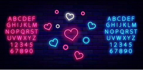 Shiny confetti with heart shapes. Neon firework. Happy Valentines day celebration. Vector stock illustration