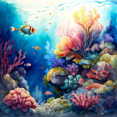 Fototapeta na wymiar beautiful watercolor art of coral reef sea life view - new quality universal colorful joyful holiday nature artistic stock image illustration design 