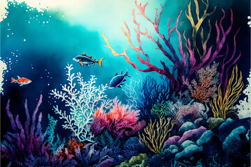Naklejka na ściany i meble beautiful watercolor art of coral reef sea life view - new quality universal colorful joyful holiday nature artistic stock image illustration design 