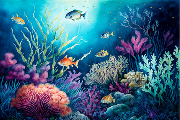 Naklejka na ściany i meble beautiful watercolor art of coral reef sea life view - new quality universal colorful joyful holiday nature artistic stock image illustration design 