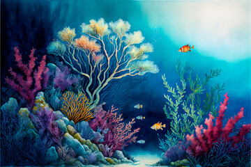 Fototapeta na wymiar beautiful watercolor art of coral reef sea life view - new quality universal colorful joyful holiday nature artistic stock image illustration design generative ai