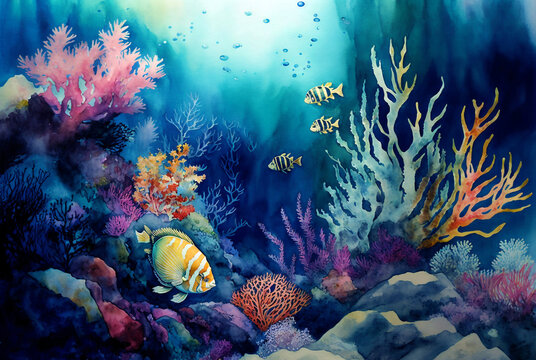 beautiful watercolor art of 
coral reef sea life view - new quality universal colorful joyful holiday nature artistic stock image illustration design 