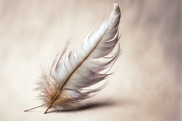  a white feather resting on a beige surface with a soft shadow on the left side of the feather, with a soft shadow on the right side of the feather.  generative ai
