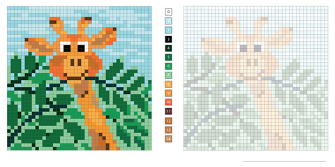 vector pixel illustration, giraffe among the leaves, coloring book, embroidery design, mosaic, creativity, development of motor skills and imagination