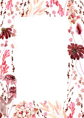 Watercolor subtle wildflowers boho bouquet. Dried beige and pink herbs, grass floral border, arrangement. Botanical boho elements isolated on white. Wedding invitation, greeting, card, printing