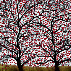 Illustration of trees with leaves of red hearts Generative AI