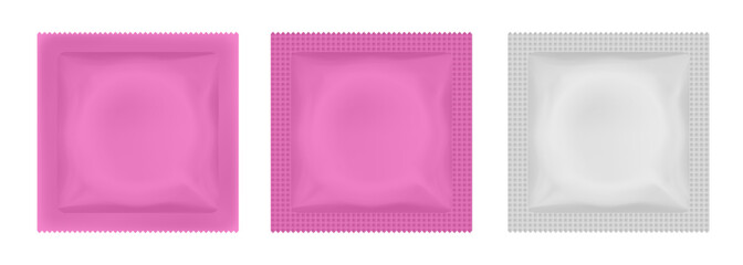 Pink condom packaging mockup. Contraception method, safe love. Foil pouch