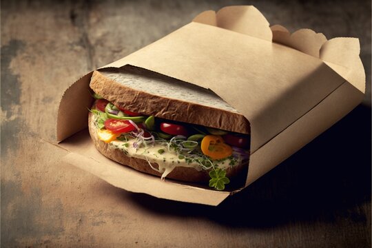  a sandwich in a brown paper bag on a table with a brown background and a brown paper bag with a sandwich in it and a brown paper bag with a.  generative ai