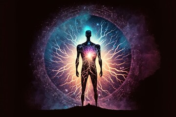  a man standing in front of a colorful circle with a light inside of it in the center of the image is a man's body.  generative ai