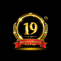 19th Anniversary logo design with golden color laurel wreath and red ribbon for anniversary celebration event. Logo Vector Template Illustration