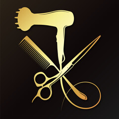 Comb scissors and hair dryer silhouette. Gold symbol for hair stylist and beauty salon