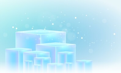 Icy fresh background with a podium in the form of ice cubes. Empty light blue podium or pedestal. Box stand for product display. template. Abstract product background.