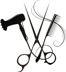 Scissors, comb with a curl of hair and hair dryer. Unique design for hair salon and stylist - obrazy, fototapety, plakaty