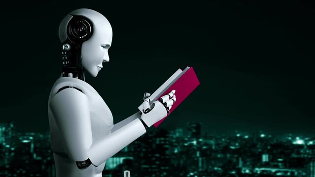 Futuristic robot artificial intelligence huminoid AI programming coding technology development and machine learning concept. Robotic bionic science research for future of human life. 3D rendering.