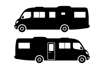 Motorhome icon. Camper, caravan. Black silhouette. Front view. Vector simple flat graphic illustration. Isolated object on a white background. Isolate.