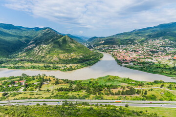 Surroundings of Ancient Jvari Monastery on top of a mountain at the confluence of the Kura and...