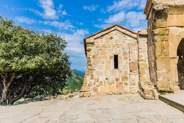 Ancient Jvari Monastery on top of a mountain at the confluence of the Kura and Aragvi near...