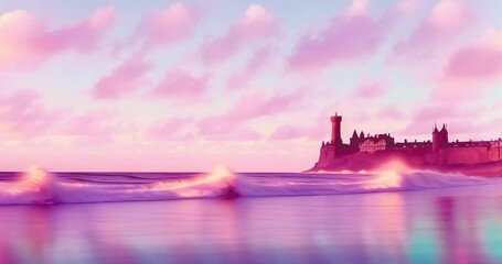 off the coast of england with waves crashing on the beach pink and purple clouds lighthouse seagulls animation generative ai