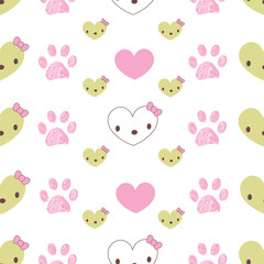 Cute paw print pattern with pink hearts