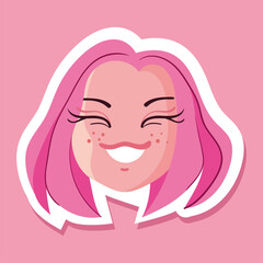 Anime girl sticker smile cute face avatar manga style character japanese concept. Vector cartoon graphic design element illustration