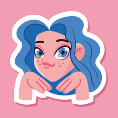 Anime girl sticker smile cute face avatar manga style character japanese concept. Vector cartoon graphic design element illustration