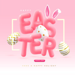 Happy Easter typography background with colorful easter eggs and 3D text. Greeting card or poster. Vector illustration