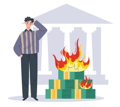 Bank bankruptcy money burn finance inflation concept. Vector cartoon graphic design element illustration
