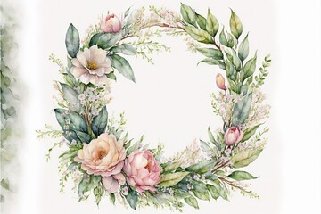  a watercolor painting of a wreath of flowers and leaves with a white background and a green border around the wreath is a white background.  generative ai