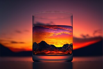  a glass of water with a sunset in the background and a mountain in the middle of the glass is half filled with water and half full.  generative ai