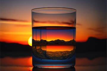  a glass of water with a sunset in the background and a reflection of the sun in the glass of water on the table top of the table.  generative ai