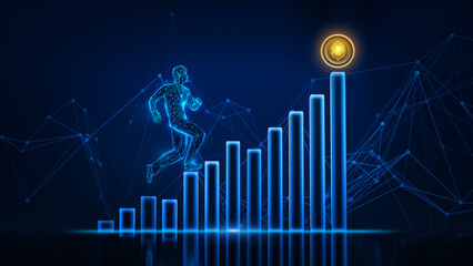 Businessman low poly wireframe running on an increasing bar graph to the golden coin to success with blue background. Business growth and target concept. 3D render.