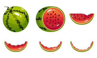 Obraz premium Watermelon slice eat steps stage bitten piece isolated set. Vector flat graphic design element concept illustration