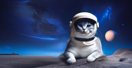 illustrazione generata con intelligenza artificiale di gatto astronauta sulla luna, con alle spalle la galassia © garpinina