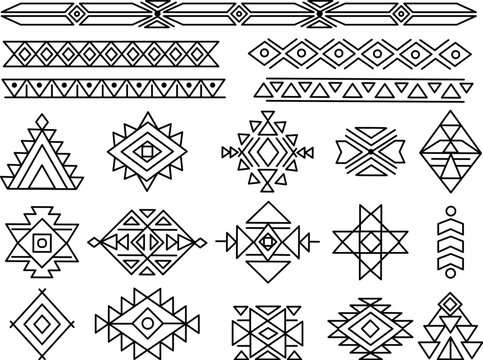 Aztec tribal boho ornaments. Navajo mexico geometric tattoo, ethnics maya symbols. Isolated african motif design, peruvian decent vector elements