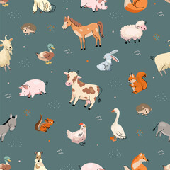 Farm animal seamless pattern. Trendy pets, farmed animals fashion print. Pigs, cow and goat, cute duck, rabbit sheep. Nowaday vector textile template © MicroOne