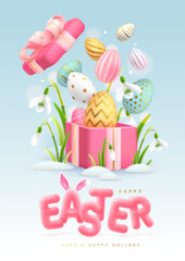 Happy Easter typography background with colorful easter eggs, open gift box and 3D text. Greeting card or poster. Vector illustration