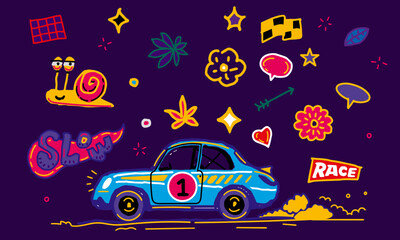 Doodle of Snail, Car, inscription Racing, Slowly, Flowers, Background. Vector illustration, design, print, web resources. Packaging. Hand-drawn style. Cartoon. Flat.
