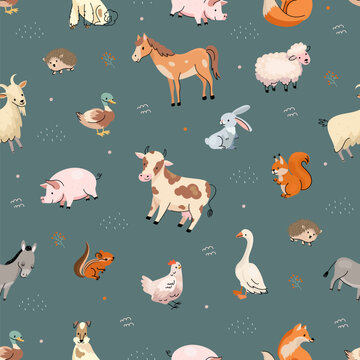 Farm animal seamless pattern. Trendy pets, farmed animals fashion print. Pigs, cow and goat, cute duck, rabbit sheep. Nowaday vector textile template