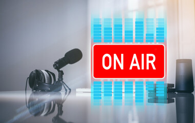 Desk with microphone, headphones and computer. Web radio, communication entertainment on air concept