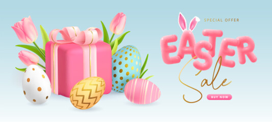 Happy Easter typography big sale poster with colorful easter eggs, gift box and pink tulips. Greeting card or poster. Vector illustration