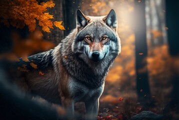Portrait of a wolf in autumn forest. Generative ai
