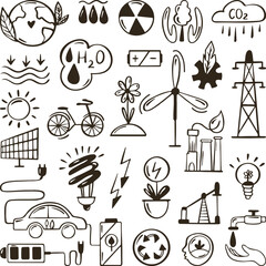 Green energy doodle set. Ecology, environmental sketch concept. Hands draw eco elements, isolated neoteric lamp, battery, wingmill vector collection