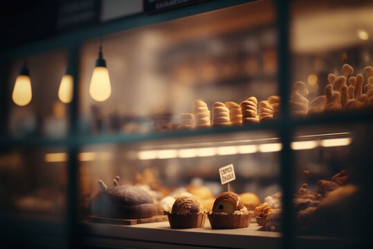 Display case filled with lots of different types of cakes and pies on display in a bakery or bakery store or restaurant. Generative AI