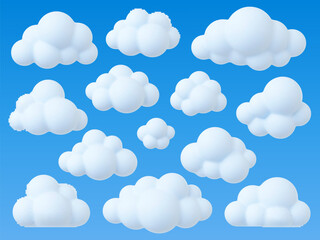 White fluffy clouds 3d icons. Cumulus bubble cloud, weather decorative elements. Soft cotton atmosphere, sky element render, pithy vector set