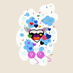 A stylized heart-shaped mouth. There are colored hearts and confetti around.  Celebration. Valentine's Day. Heart and love.   A cozy one. Pink glasses. Romantic period. A surge of love.