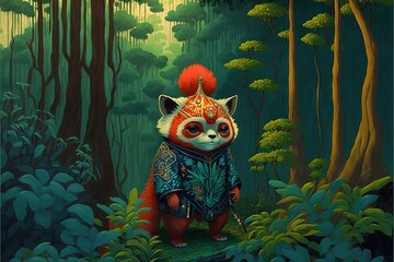  a painting of a red panda in a forest with a helmet on his head and a sword in his hand, standing in the grass.  generative ai