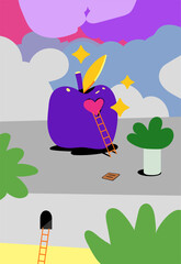  A cartoon apple with a hole in the shape of a heart, a ladder leading to the entrance. A cozy atmosphere. Wallpaper for your phone. Printing and packaging. Images for web pages, etc. 
